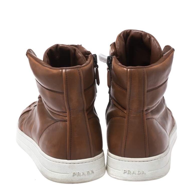مملوكة مسبقًا Prada Sport Brown Leather High Top Lace Up Sneakers Size 43