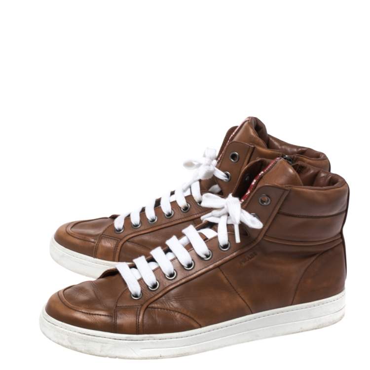 مملوكة مسبقًا Prada Sport Brown Leather High Top Lace Up Sneakers Size 43