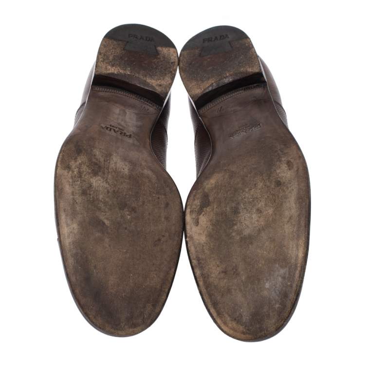 Pre Owned Prada Brown Leather Elastic Slip On Oxfords Size 41.5