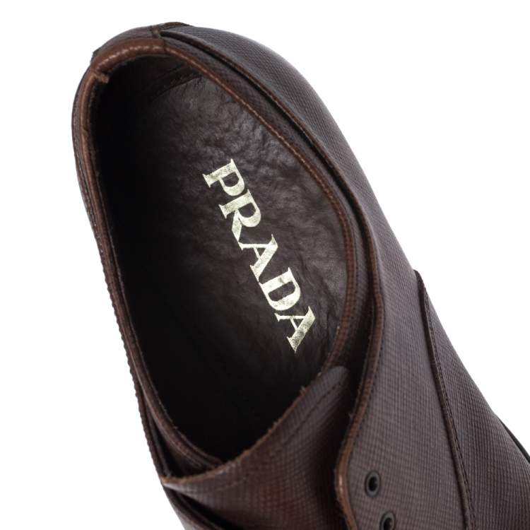 Pre Owned Prada Brown Leather Elastic Slip On Oxfords Size 41.5