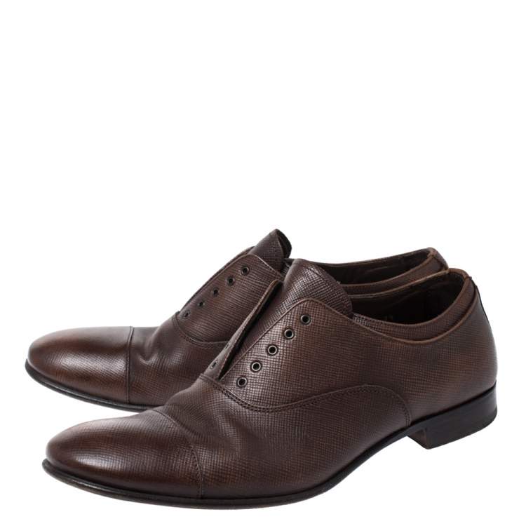 Pre Owned Prada Brown Leather Elastic Slip On Oxfords Size 41.5