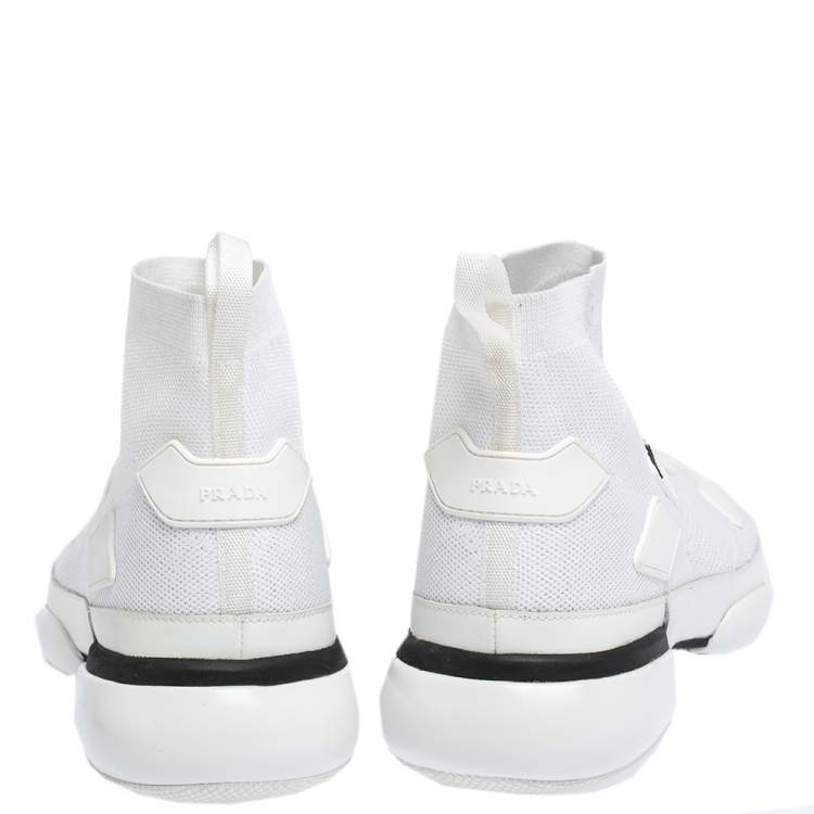 Pre Owned Prada White Knit Fabric And Rubber High Top Slip On Sneakers Size 41.5