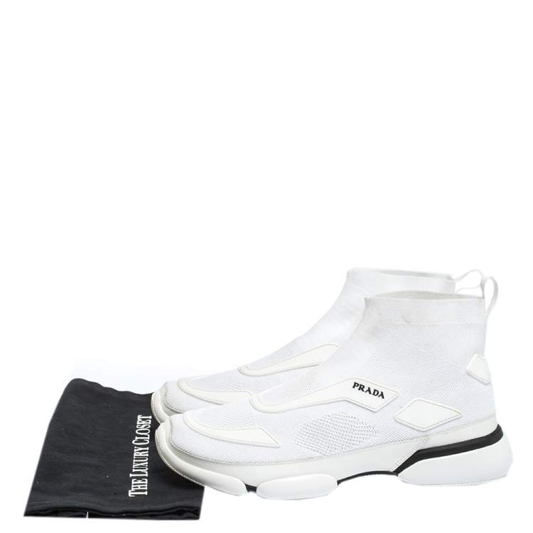 Pre Owned Prada White Knit Fabric And Rubber High Top Slip On Sneakers Size 41.5