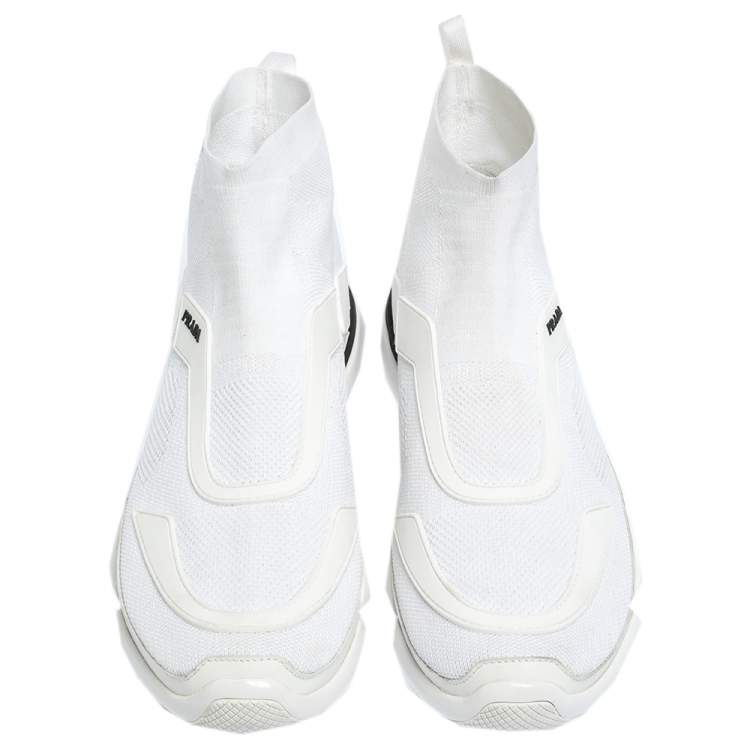 Pre Owned Prada White Knit Fabric And Rubber High Top Slip On Sneakers Size 41.5