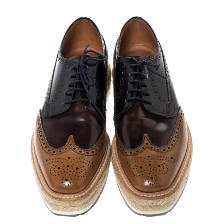 Pre Owned Prada Two Tone Brogue Leather Wingtip Platform Sneakers Size 41