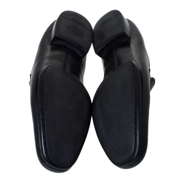Pre Owned Prada Black Leather Logo Embellished Slip On Loafers Size 42