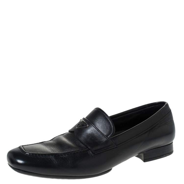 Pre Owned Prada Black Leather Logo Embellished Slip On Loafers Size 42
