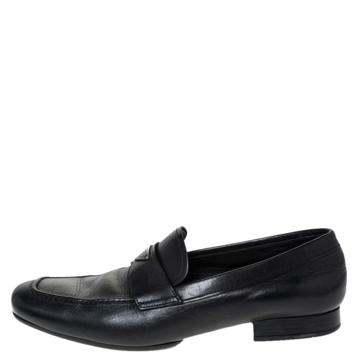 Pre Owned Prada Black Leather Logo Embellished Slip On Loafers Size 42