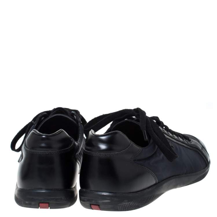 Pre Owned Prada Black Leather And Nylon Lace Up Sneakers Size 43.5