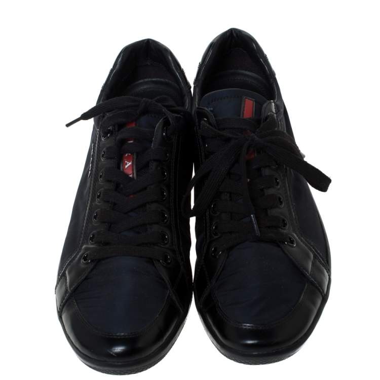 Pre Owned Prada Black Leather And Nylon Lace Up Sneakers Size 43.5