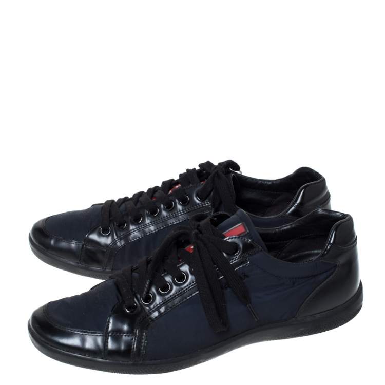 Pre Owned Prada Black Leather And Nylon Lace Up Sneakers Size 43.5