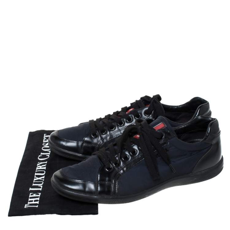 Pre Owned Prada Black Leather And Nylon Lace Up Sneakers Size 43.5