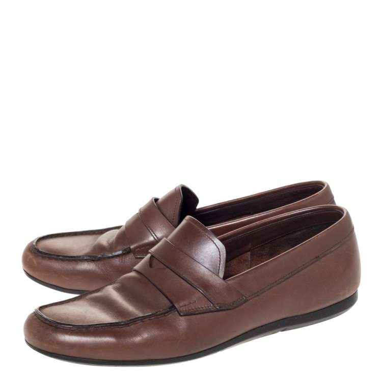 Pre Owned Prada Brown Leather Penny Slip On Loafers Size 42