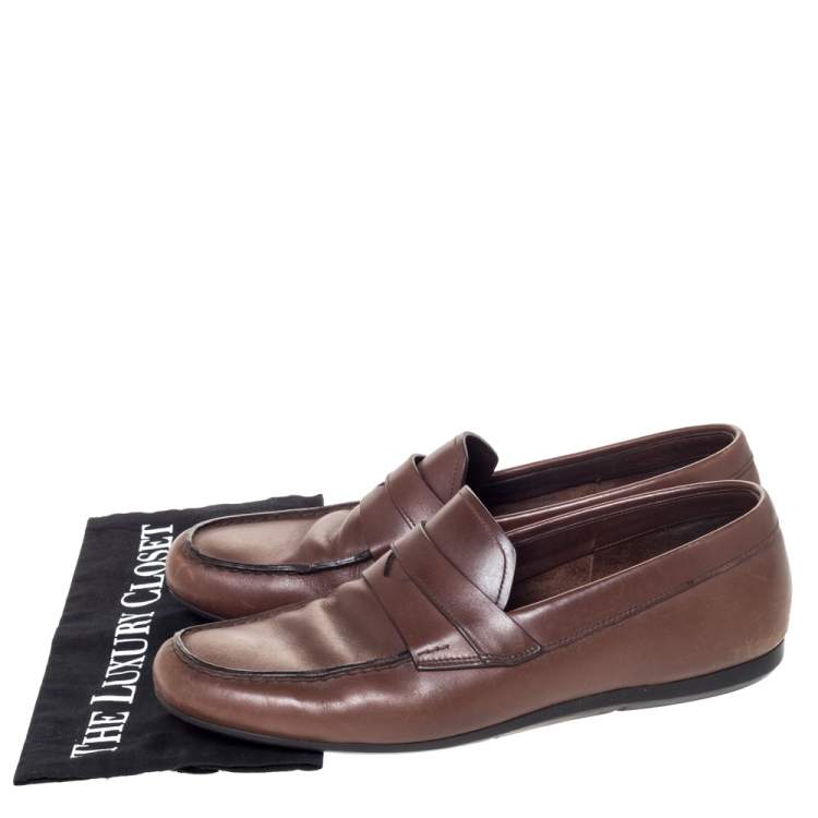 Pre Owned Prada Brown Leather Penny Slip On Loafers Size 42