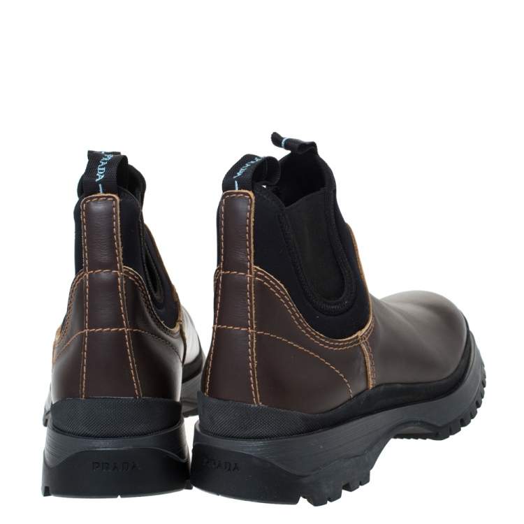 Pre Owned Prada Brown/Black Leather and Neoprene Chelsea Ankle Boots Size 41