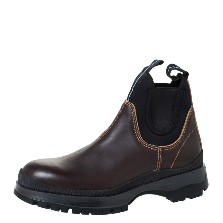Prada Brown/Black Leather and Neoprene Chelsea Ankle Boots Size 41 Prada |  TLC