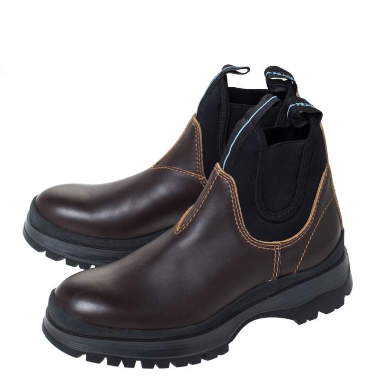 Pre Owned Prada Brown/Black Leather and Neoprene Chelsea Ankle Boots Size 41