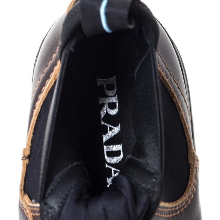 Pre Owned Prada Brown/Black Leather and Neoprene Chelsea Ankle Boots Size 41