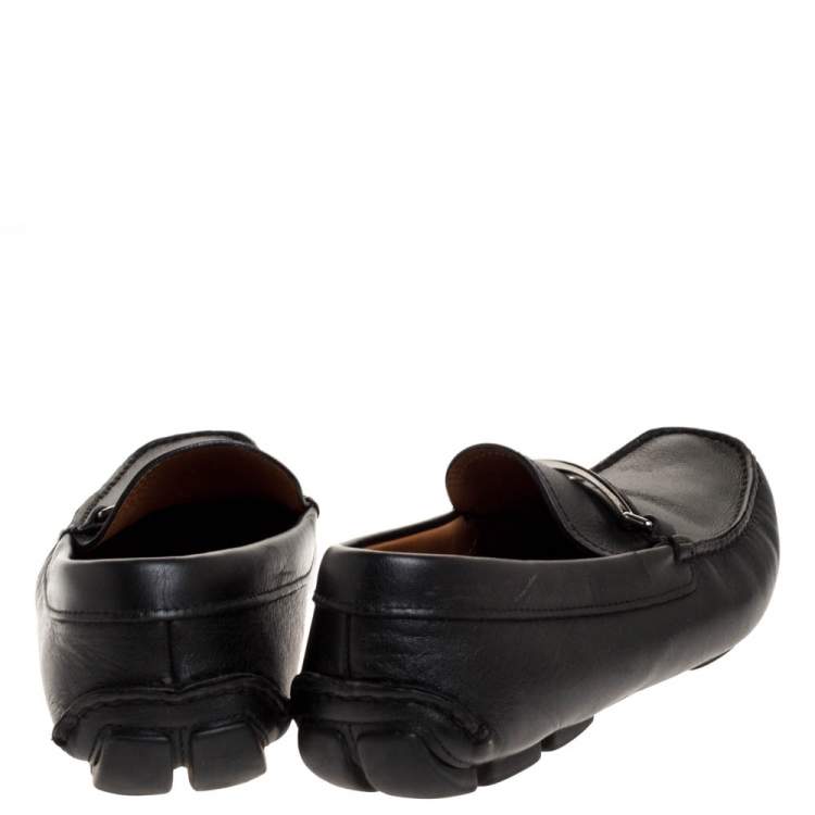 Pre Owned Prada Black Leather Logo Plaque Loafers Size 42