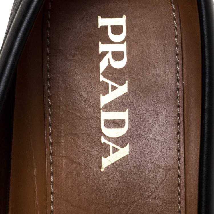 Pre Owned Prada Black Leather Logo Plaque Loafers Size 42