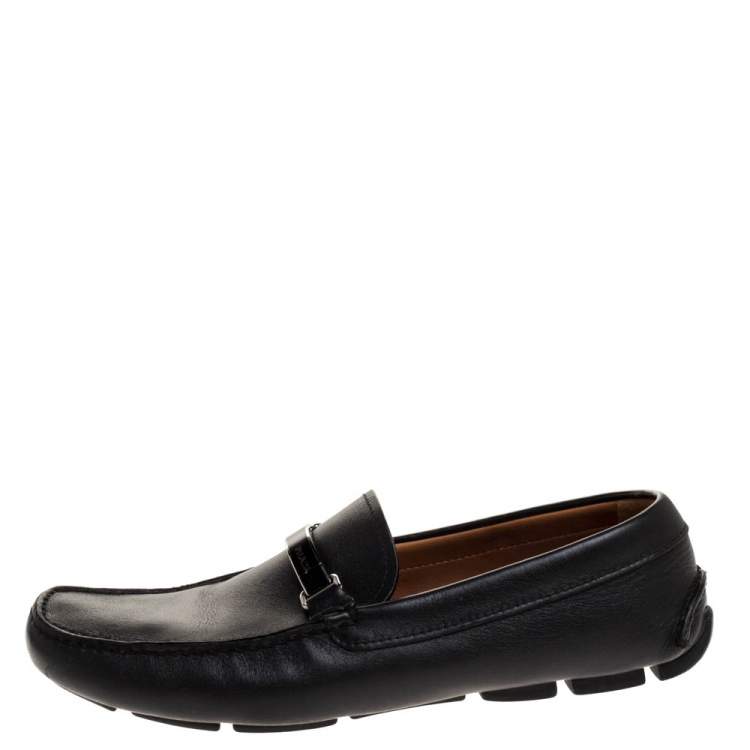 Pre Owned Prada Black Leather Logo Plaque Loafers Size 42