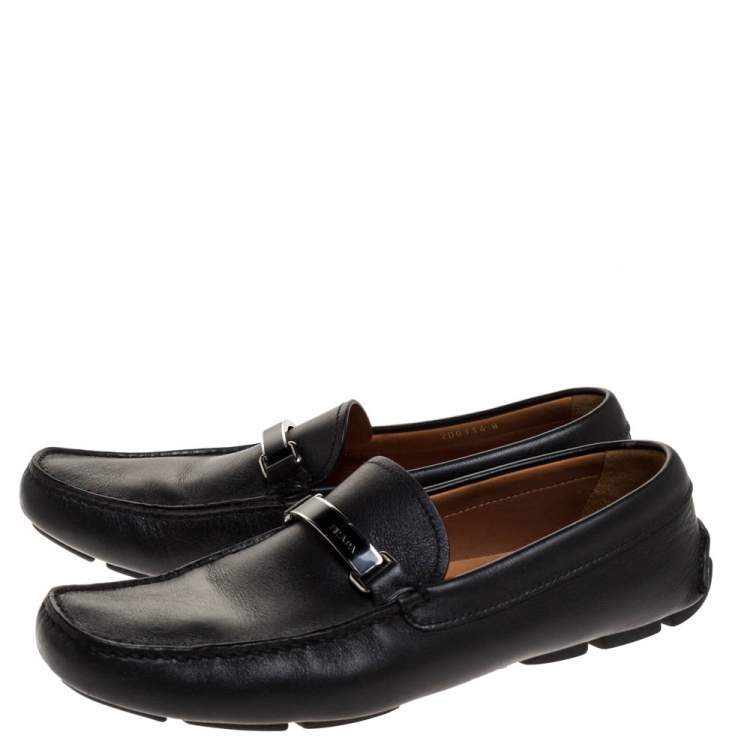Pre Owned Prada Black Leather Logo Plaque Loafers Size 42