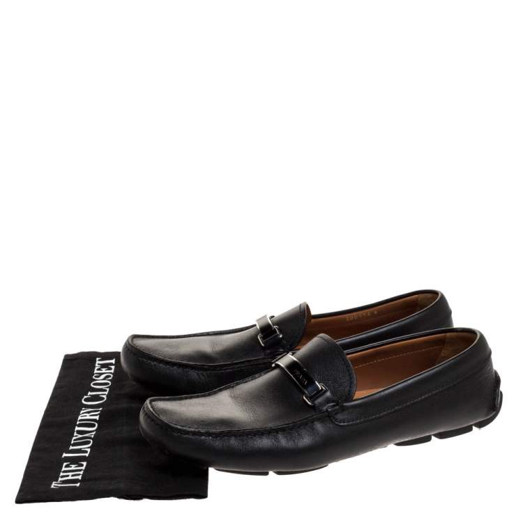 Pre Owned Prada Black Leather Logo Plaque Loafers Size 42