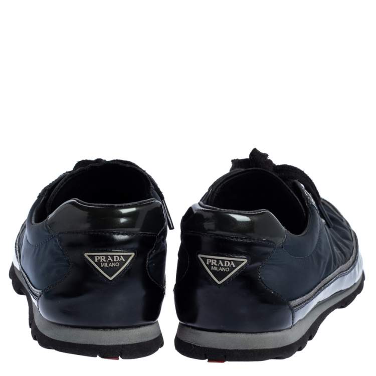 Pre Owned Prada Black/Navy Blue Leather And Nylon Lace Up Sneakers Size 41