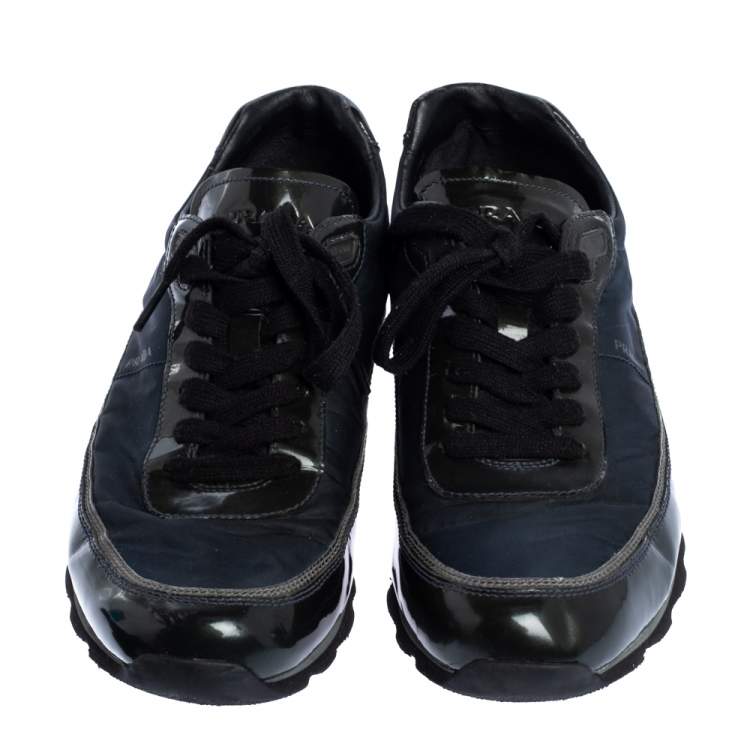 Pre Owned Prada Black/Navy Blue Leather And Nylon Lace Up Sneakers Size 41