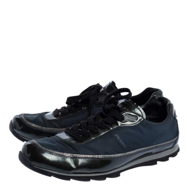 Pre Owned Prada Black/Navy Blue Leather And Nylon Lace Up Sneakers Size 41