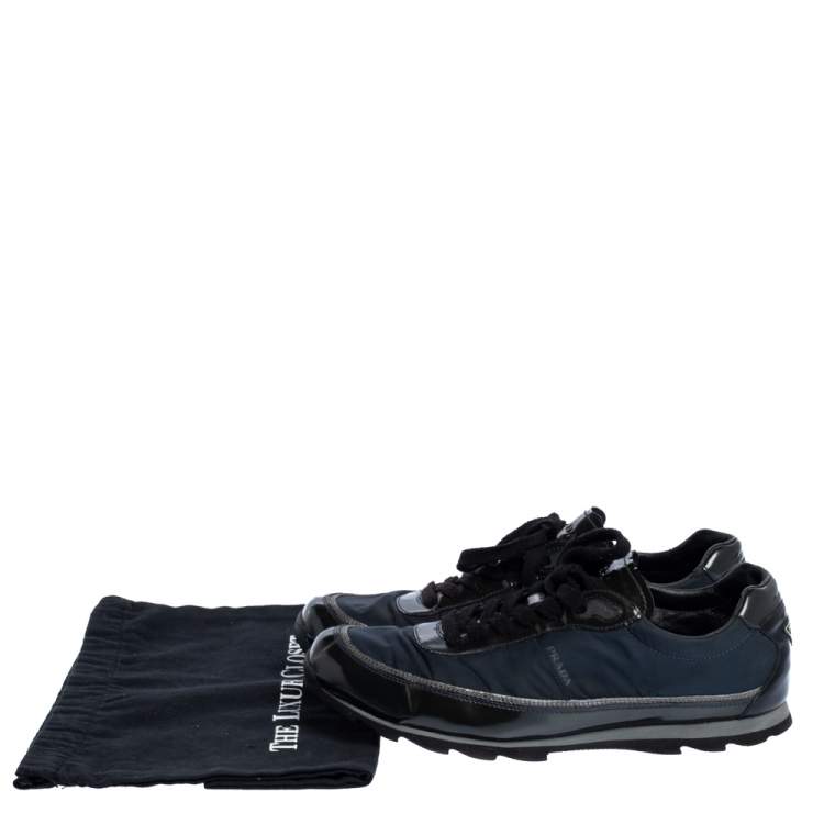 Pre Owned Prada Black/Navy Blue Leather And Nylon Lace Up Sneakers Size 41