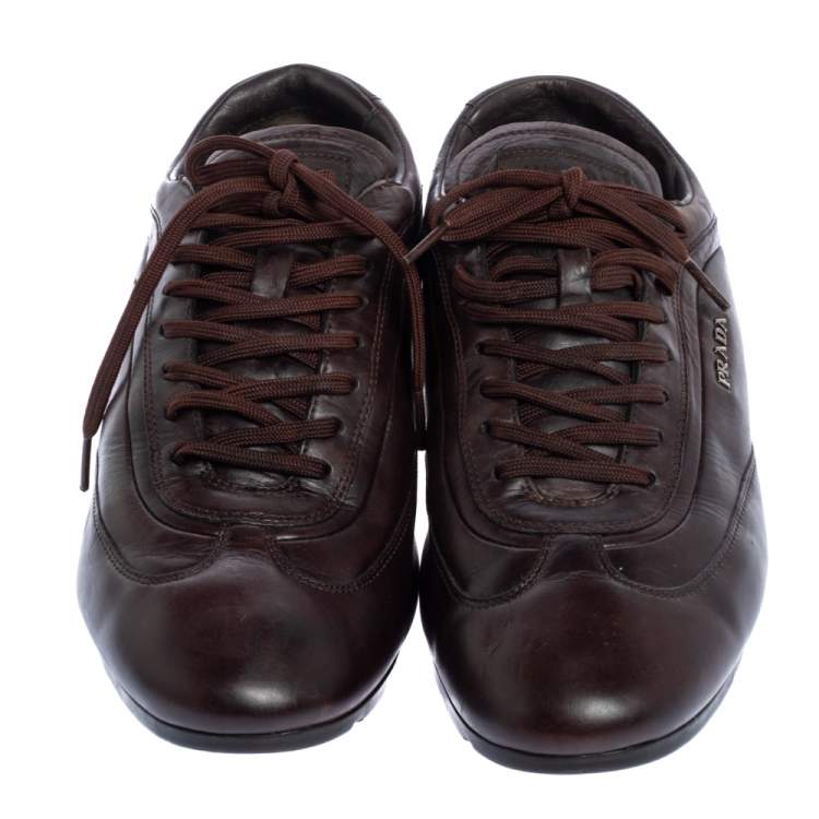 Pre Owned Prada Sport Dark Brown Leather Lace Up Low Top Sneakers Size 43