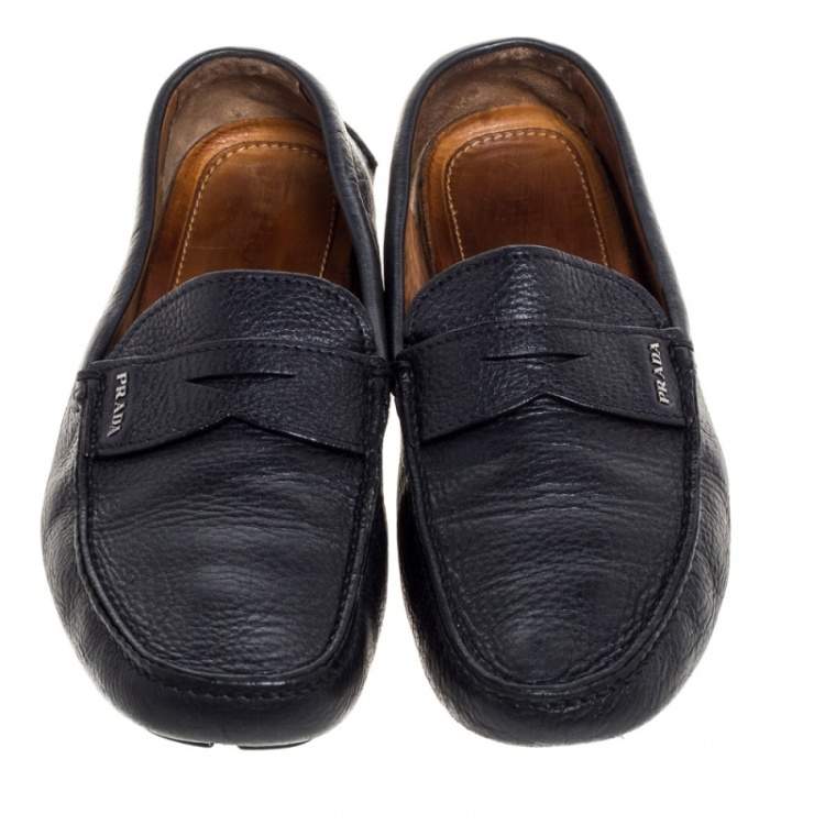 Pre Owned Prada Black Leather Driver Penny Slip On Loafers Size 42