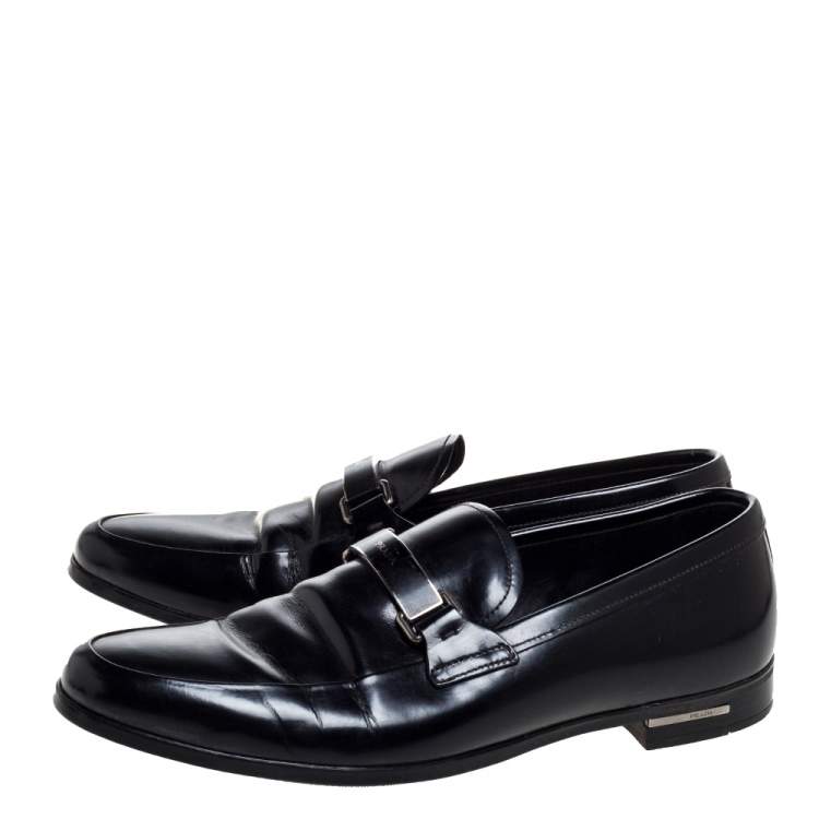Pre Owned Prada Black Leather Plate Bit Logo Loafers Size 40
