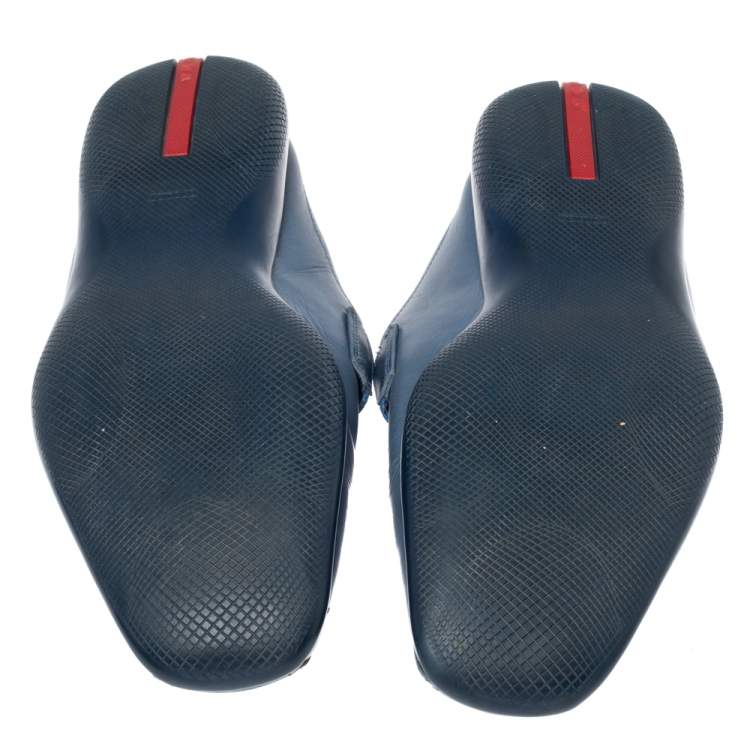 Pre Owned Prada Blue Leather Nylon Logo Ribbon Slip On Loafer Mules Size 45