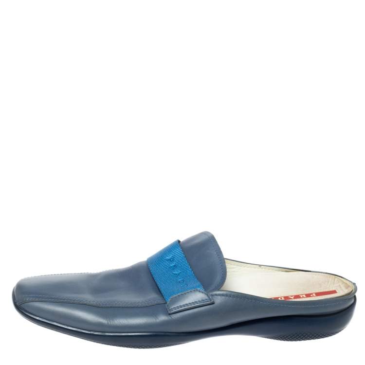 Pre Owned Prada Blue Leather Nylon Logo Ribbon Slip On Loafer Mules Size 45
