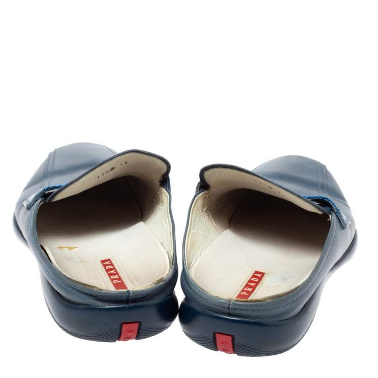 Pre Owned Prada Blue Leather Nylon Logo Ribbon Slip On Loafer Mules Size 45
