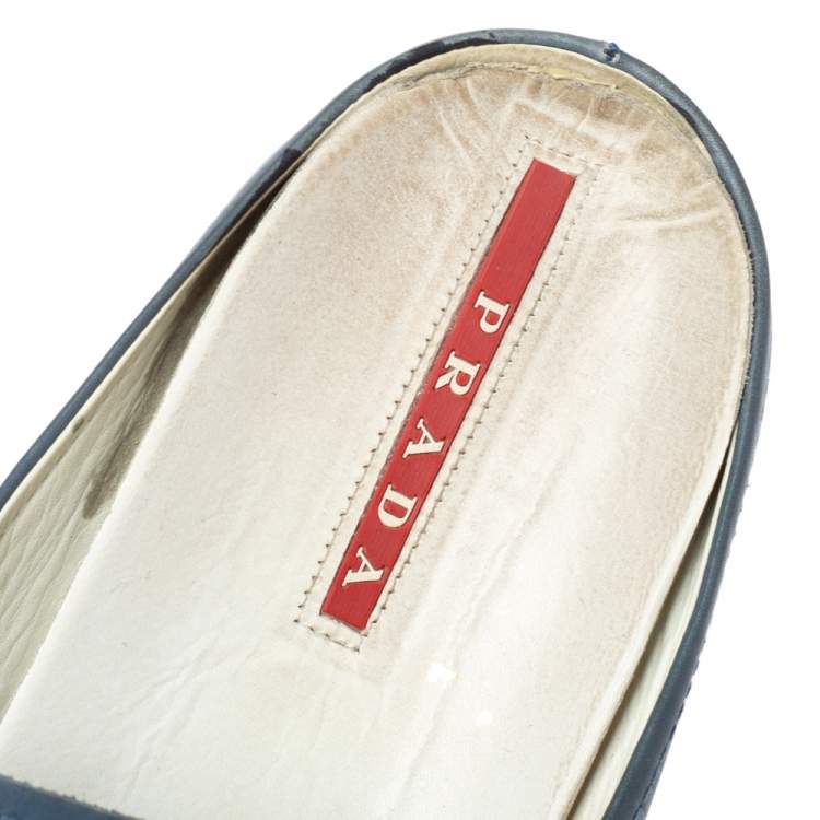 Pre Owned Prada Blue Leather Nylon Logo Ribbon Slip On Loafer Mules Size 45