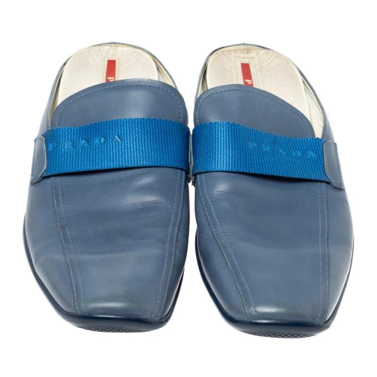 Pre Owned Prada Blue Leather Nylon Logo Ribbon Slip On Loafer Mules Size 45