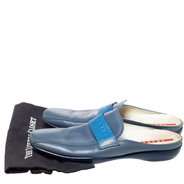 Pre Owned Prada Blue Leather Nylon Logo Ribbon Slip On Loafer Mules Size 45