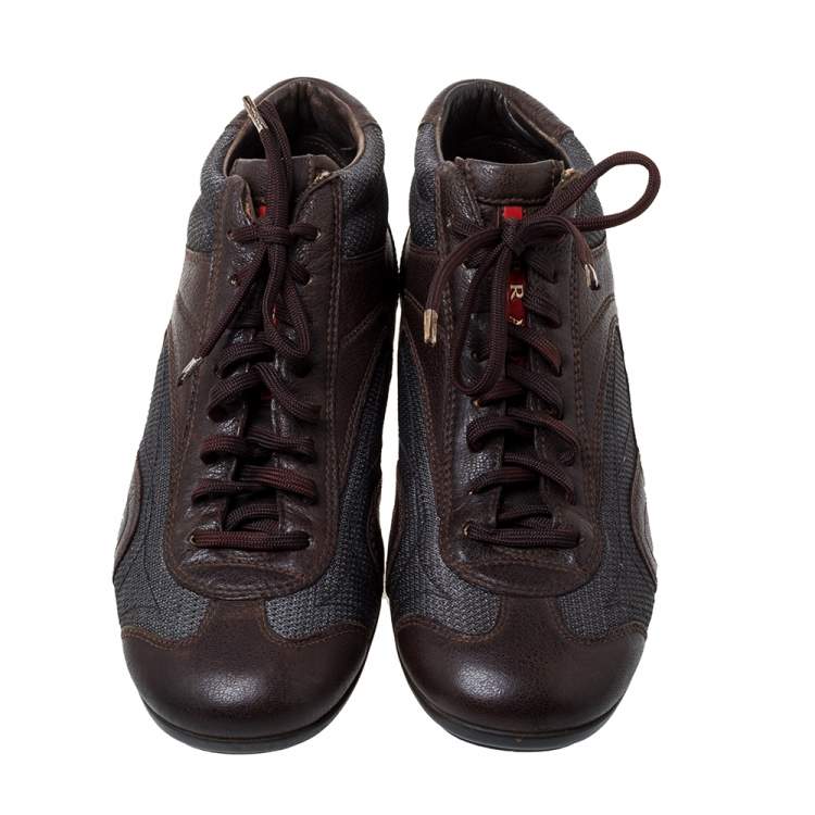 Pre Owned Prada Brown/Grey Leather And Mesh High Top Sneakers Size 40