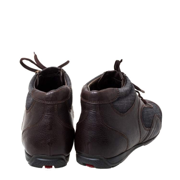 Pre Owned Prada Brown/Grey Leather And Mesh High Top Sneakers Size 40