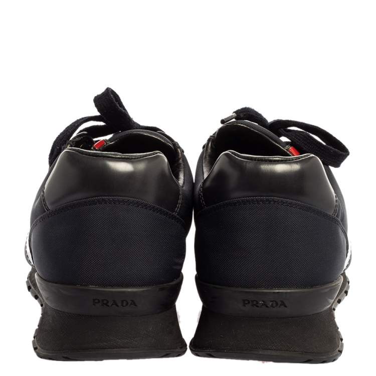 Pre Owned Prada Navy Blue/Black Nylon and Leather Lace Low Top Sneakers Size 43