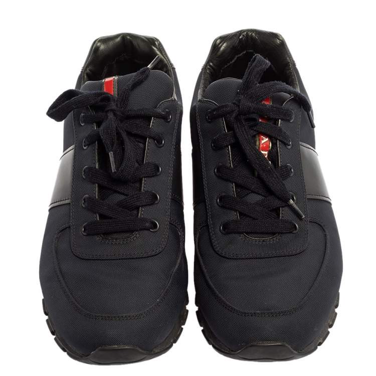 Pre Owned Prada Navy Blue/Black Nylon and Leather Lace Low Top Sneakers Size 43