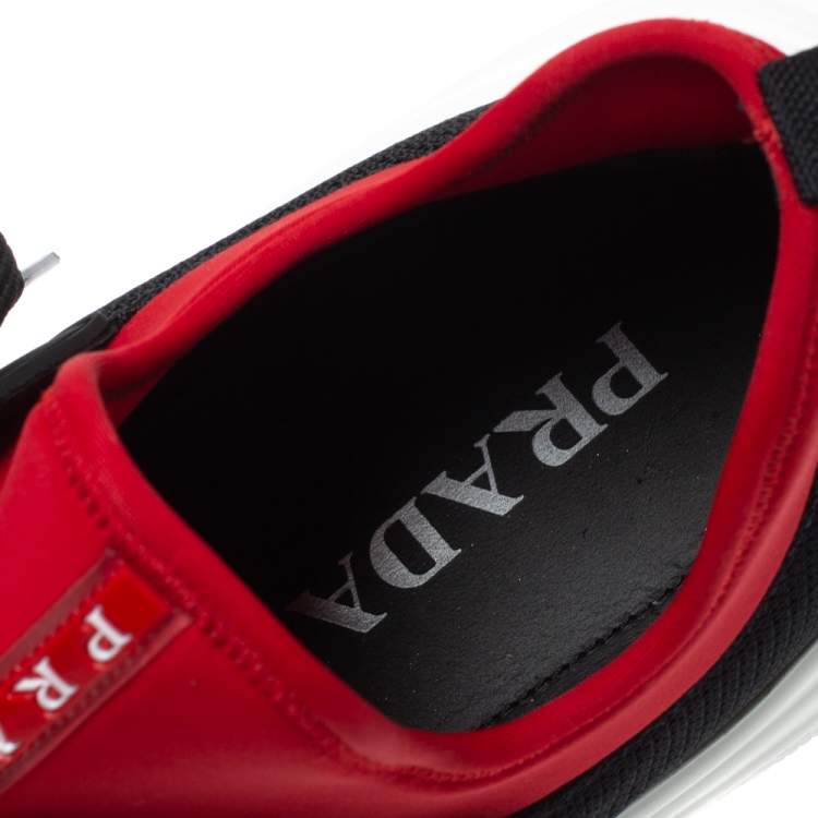 Pre Owned Prada Black/Red Mesh and Neoprene Low Top Sneakers Size 44
