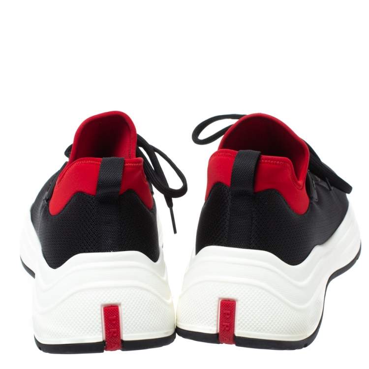 Pre Owned Prada Black/Red Mesh and Neoprene Low Top Sneakers Size 44