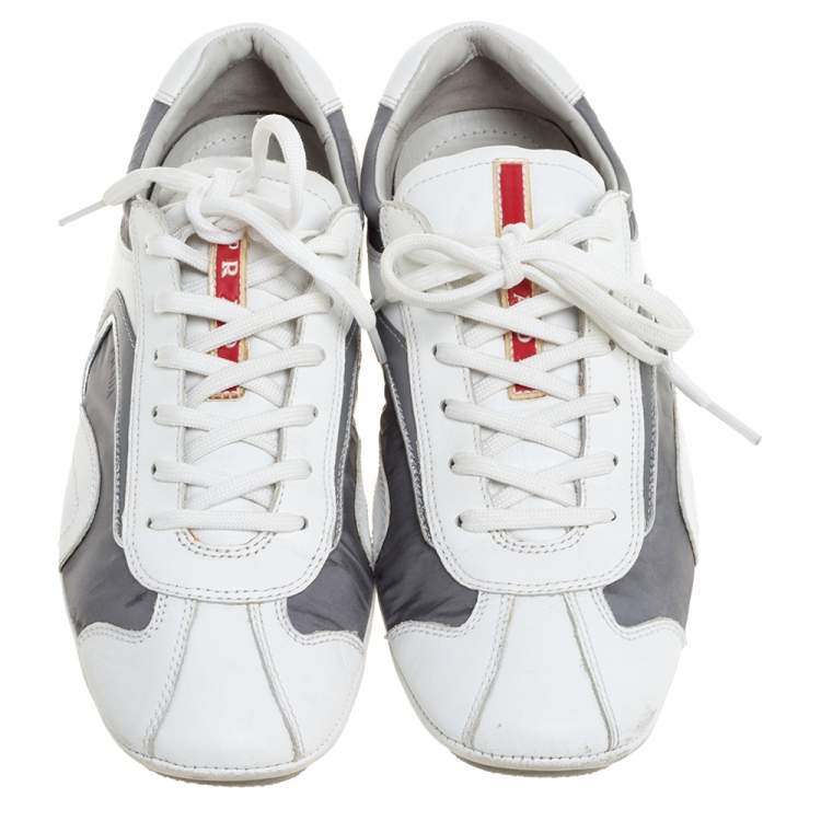 Pre Owned Prada White/Grey Leather and Nylon Low Top Sneakers Size 42