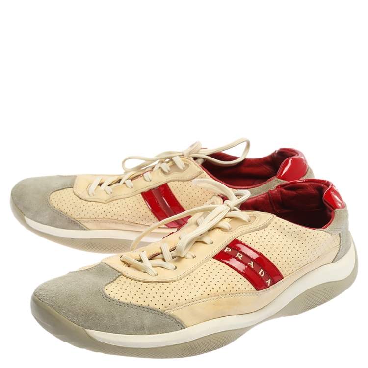 مملوكة مسبقًا Prada Beige Perforated Leather And Suede Low Top Sneakers Size 46