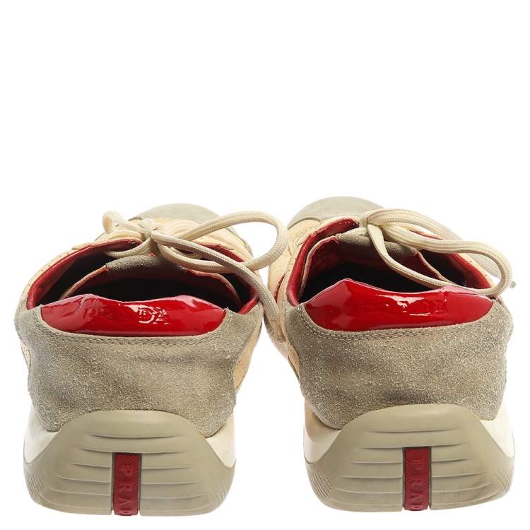 مملوكة مسبقًا Prada Beige Perforated Leather And Suede Low Top Sneakers Size 46