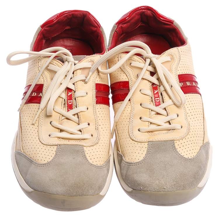 مملوكة مسبقًا Prada Beige Perforated Leather And Suede Low Top Sneakers Size 46